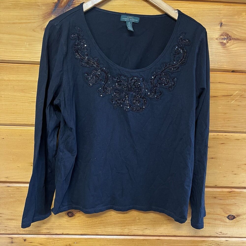 LRL Lauren Jeans Co Ralph Lauren BLACK SEQUINS LONG SLEEVE TOP SHIRT XL